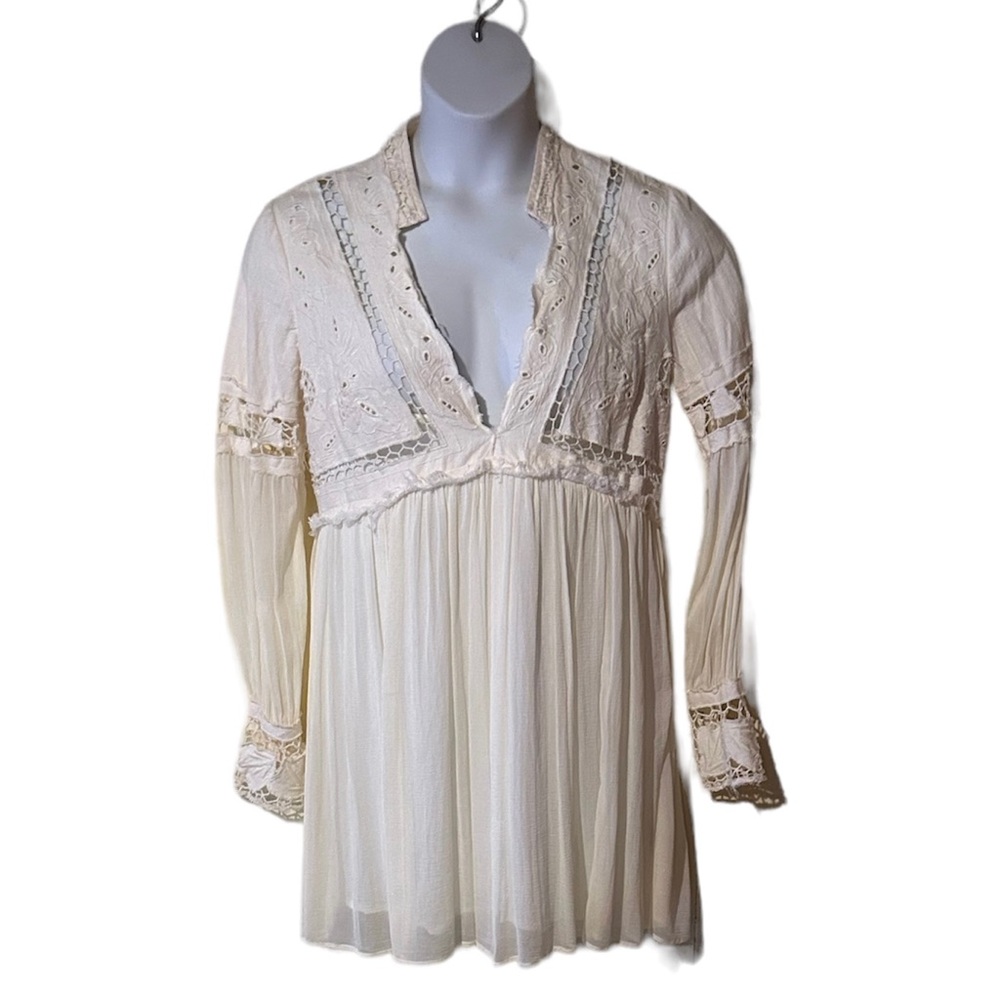 FREE PEOPLE CREAM LACE CHIFFON LONG SLEEVES BOHO PARTY DRESS SIZE 12 Like New